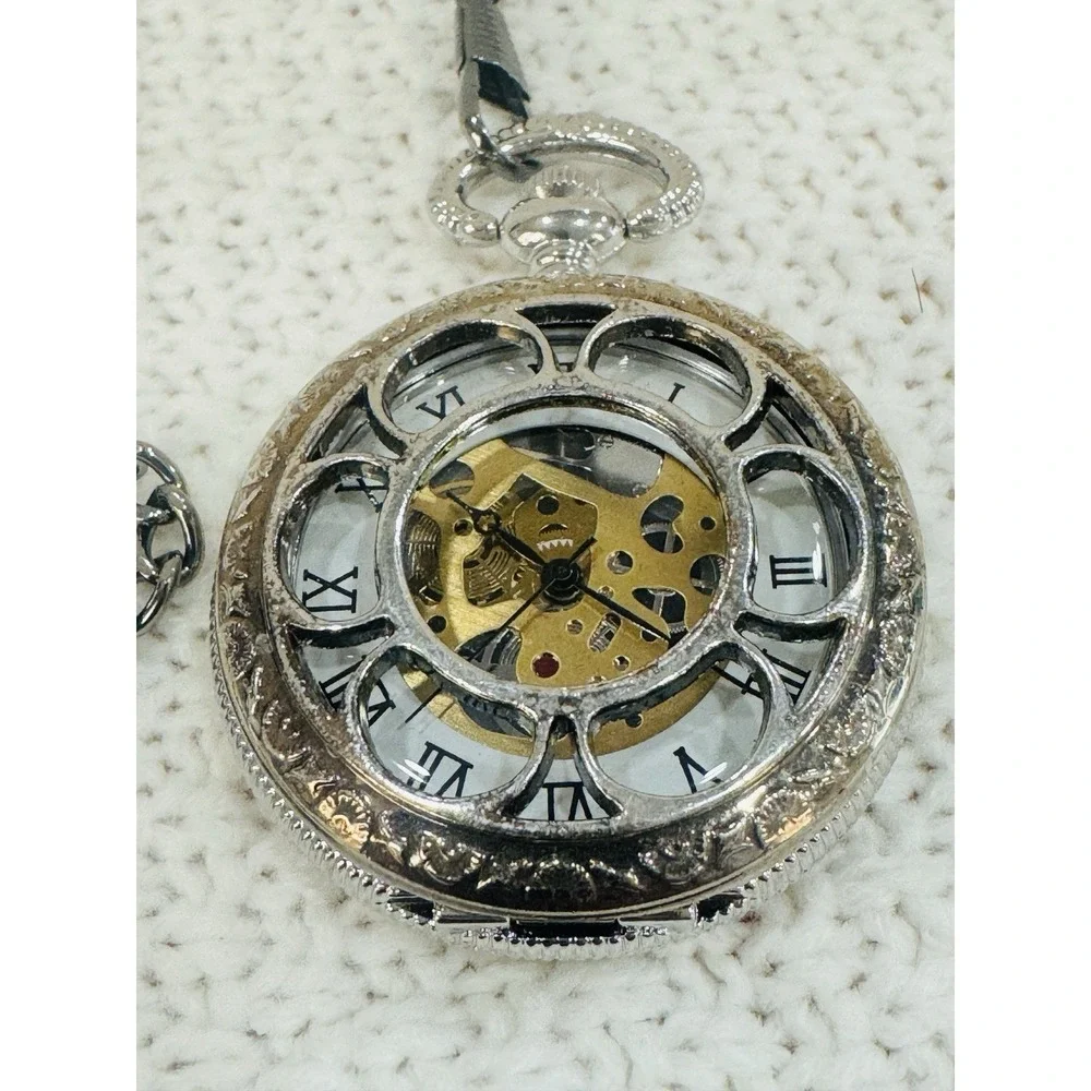 Silver Tone Skeleton Mechanical Pocket Watch Roman Numerals Chain